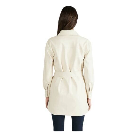 NVLT Vegan Leather Belted Shacket Jacket Ivory Snap‎ Front Long Line S - Picture 4 of 9